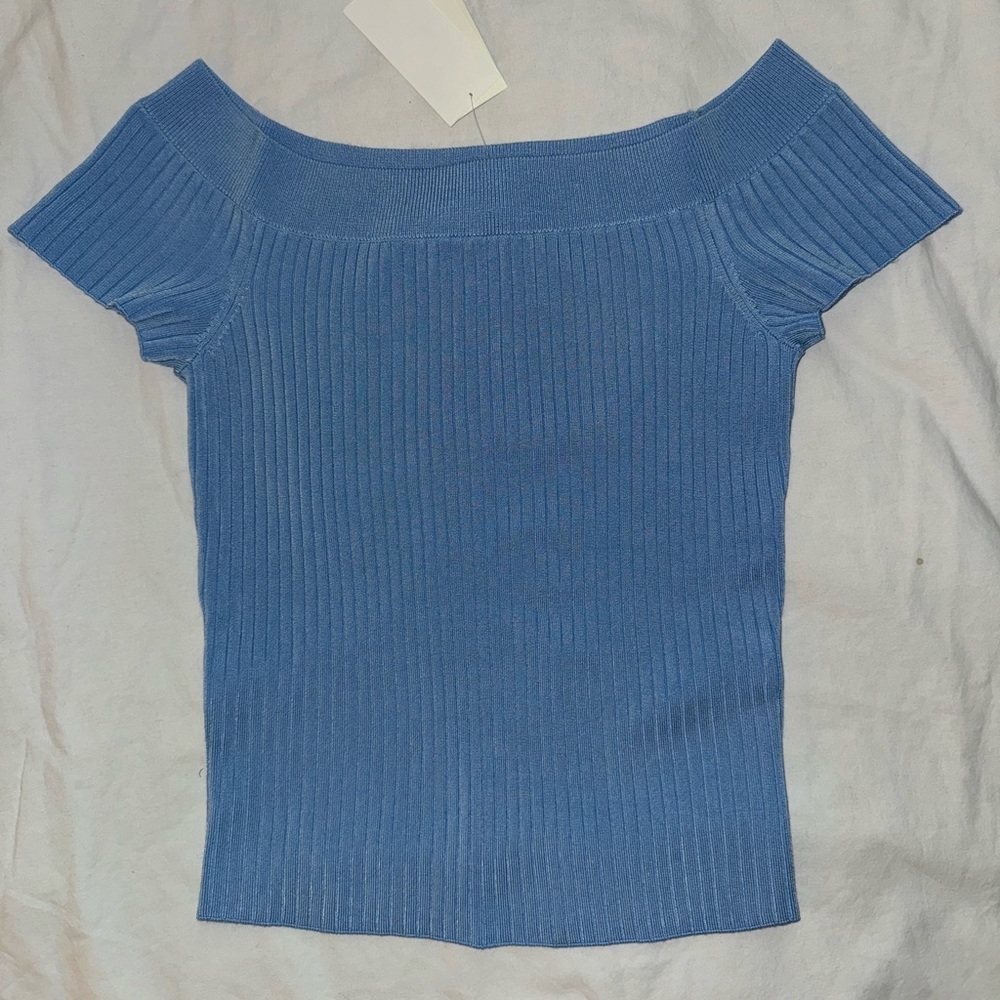 Abercrombie & Fitch Blue off-the-shoulder, short sleeve top.